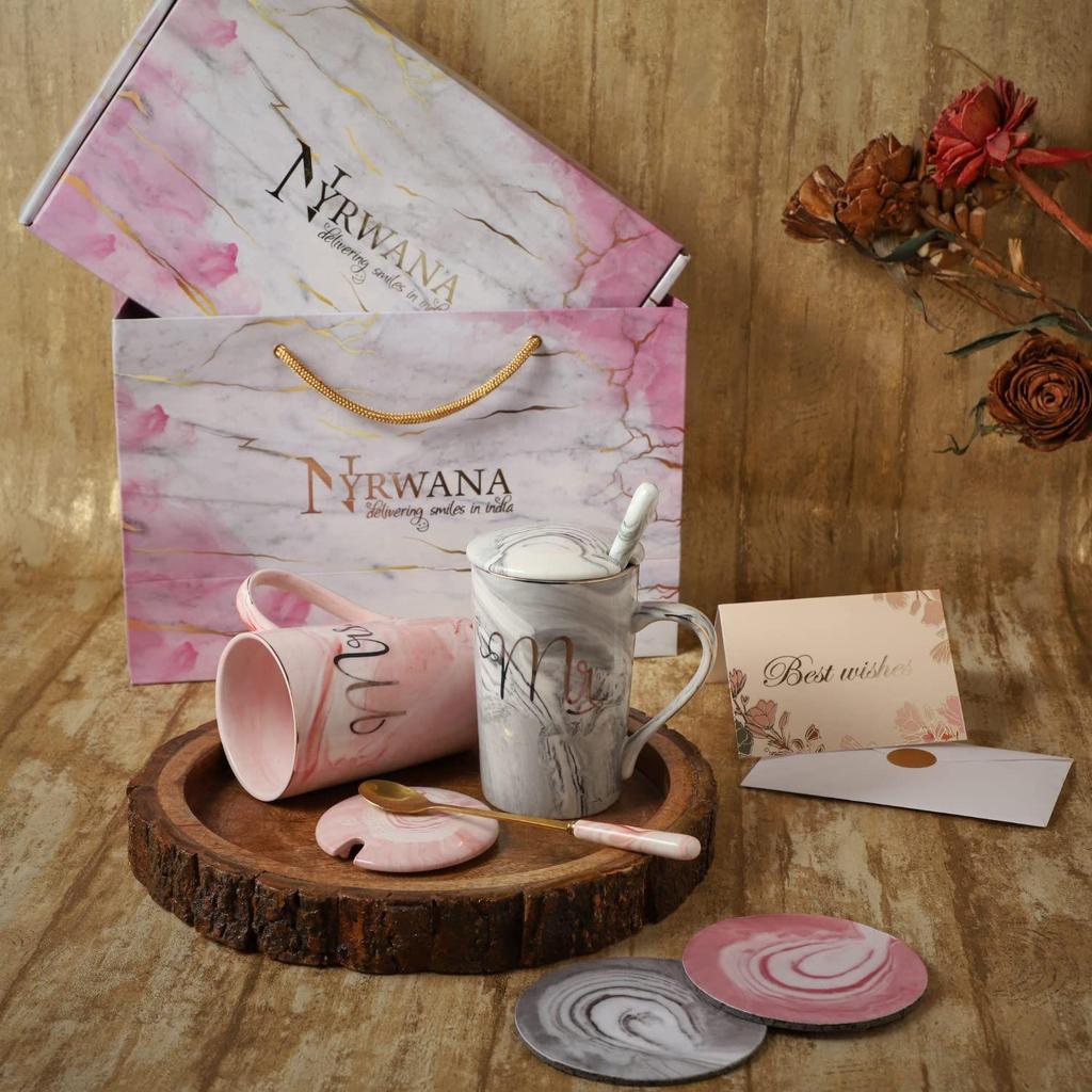 Coffee Mug, Marriage Gifts for Wedding, Couple Gift, Christmas Gifts, Mr & Mrs Set of 2 Coffee Mugs, Lids, Ceramic Spoons, Coasters