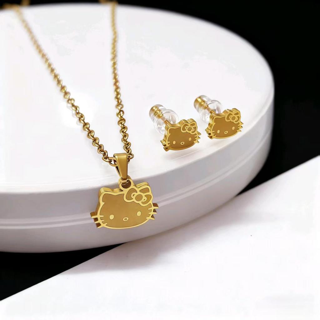 KT Cat Sweet Earrings & Necklace Set: Cute Cartoon Design for Girls