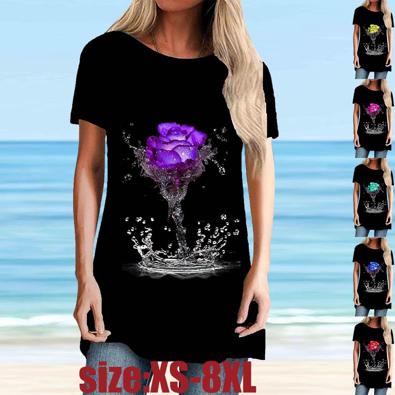 

Плюс Размер Женщины Весна Роза Печатный Удобный Короткий Рукав Круглый Воротник Футболка Повседневная Сумка Средняя Длина Футболки Топы