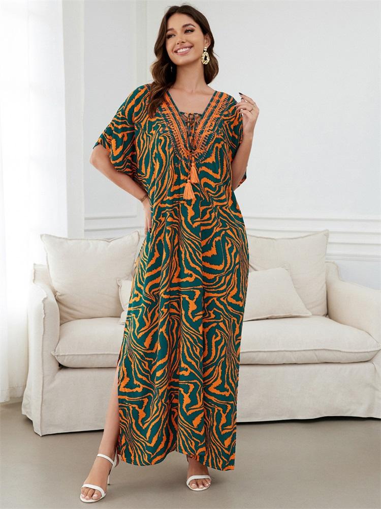Orange Zebra-Print Locker Kaftan Sexy Strand-Coverups Für Frauen Sommer V-Ausschnitt Quasten Bindeband Seitenschlitz Robe Gemütliches Lässiges Hauskleid