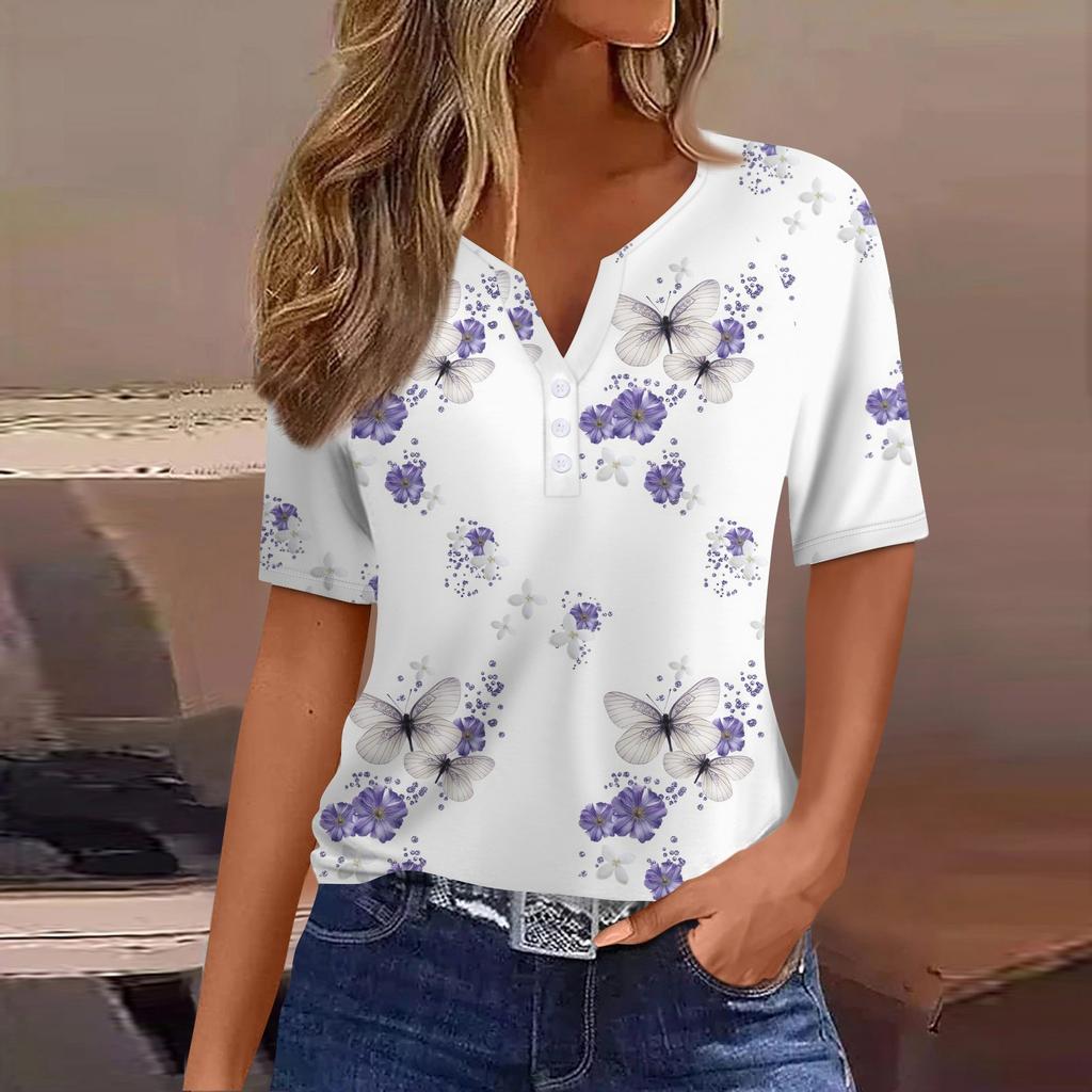 Camiseta con botones decorados de manga corta con cuello en V y estampado floral informal a la moda para mujer