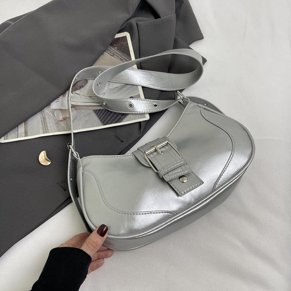 

Metallic Belted Retro Shoulder Bag Half Moon Vintage Underarm Bag Trend Armpit Bag Streetwear серебряный