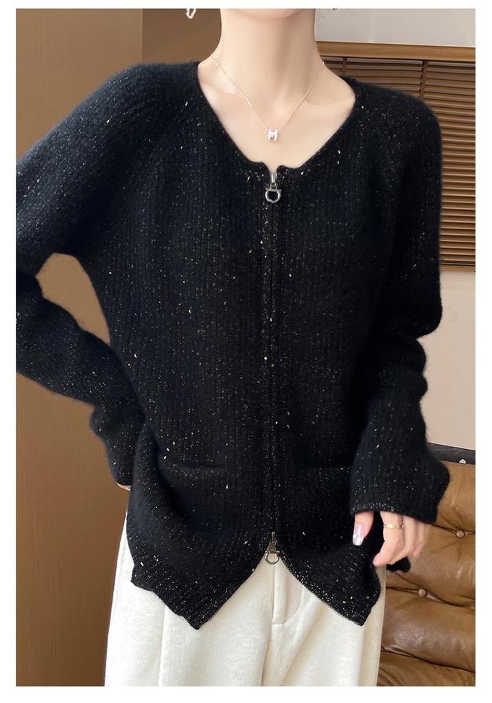 Women's Double Zipper Wool Cardigan - Silk-Cashmere Blend, Long-Sleeved, with Pockets