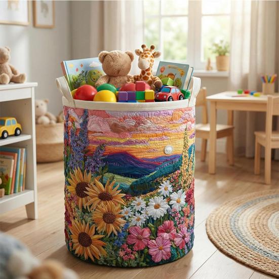 Quilted Laundry Basket Fabric Floral Storage Basket with Handles Boho Clothes Basket for Laundry Nursery Bedroom Garments Kids Toys