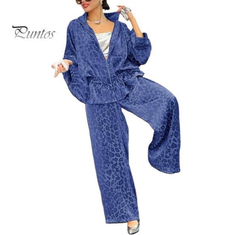Pcs/Set Women Shirt Pants Set Leopard Printing Zip-up Long Sleeve Pleated Top Loose Wide Leg Trousers Commuting Workwear Ouit