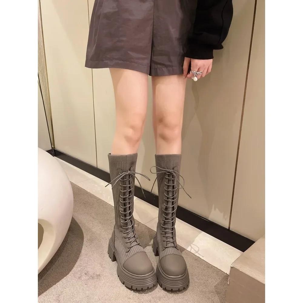 2025 Podzim Zima Nové Robustní Platformové Dlouhé Kozačky Dámské Silná Podrážka Strečové Pletené Kozačky ke Koleni Dámské Botas De Mujer