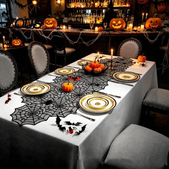 Space-saving Halloween Decoration Table Runner, 18 X 72 Inch Gothic Black Lace Spider Dramatic Cover Web Runner for Kitchen Dinner Centerpiece, Party