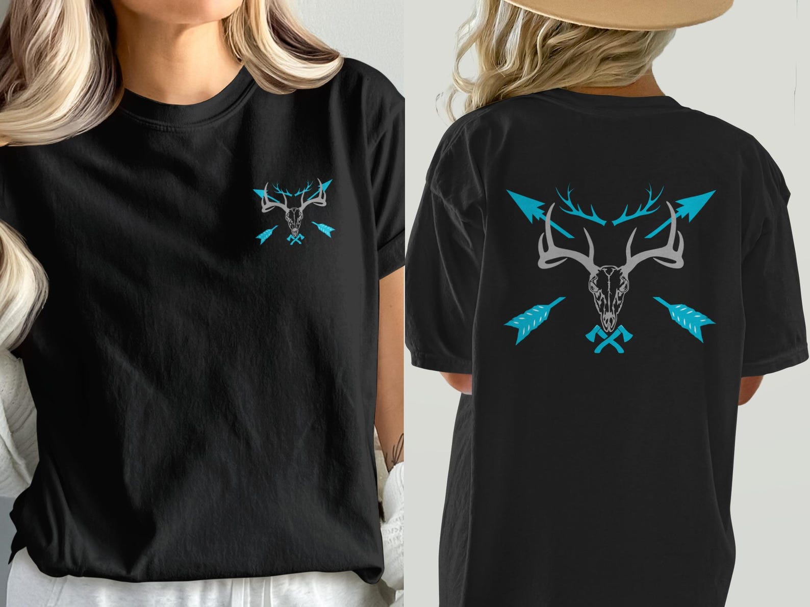Deer Skull T-Shirt, Rustic Wilderness Graphic Tee, Axe Arrow Design L