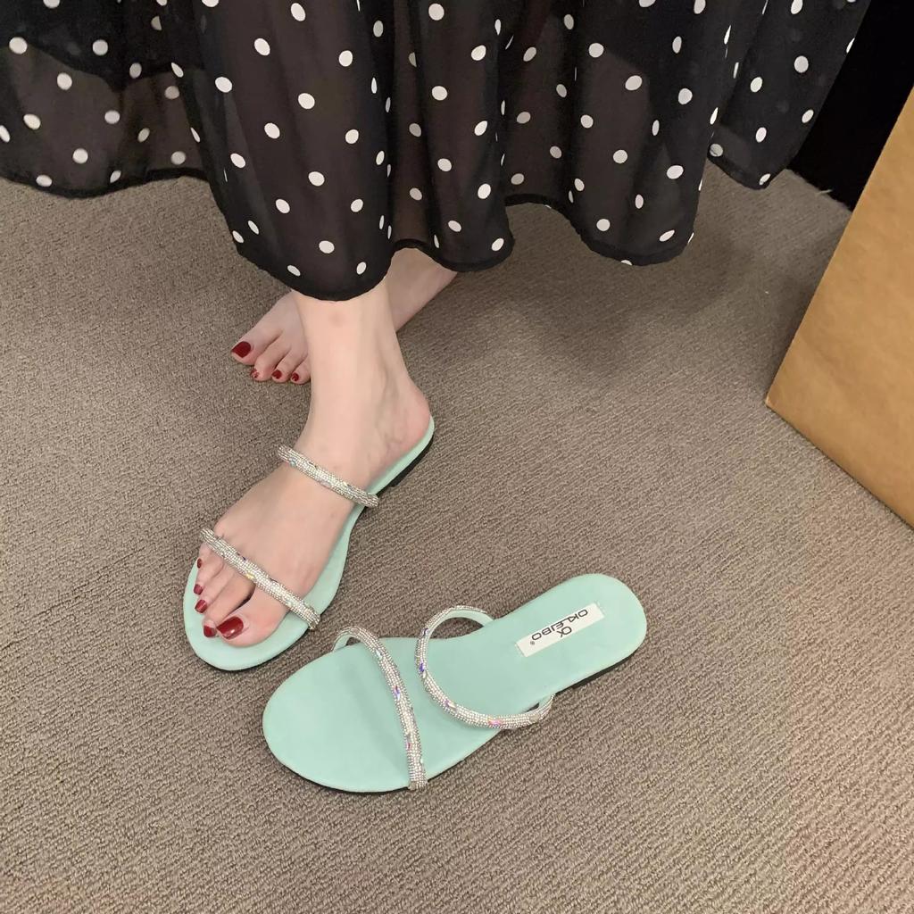 Flat-bottomed Rhinestone Fashion Sandals 2025 Summer French Sweet Yellow Open-toed Vacation Beach Cool Slippers Women's Shoes