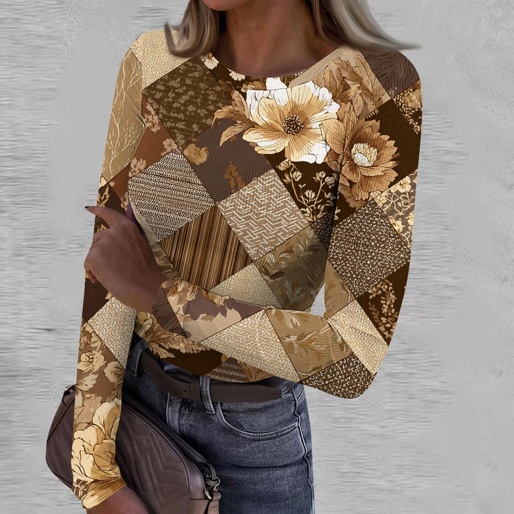 Women's Casual Fashion Round Neck Retro Print Long Sleeve Ribbed Top