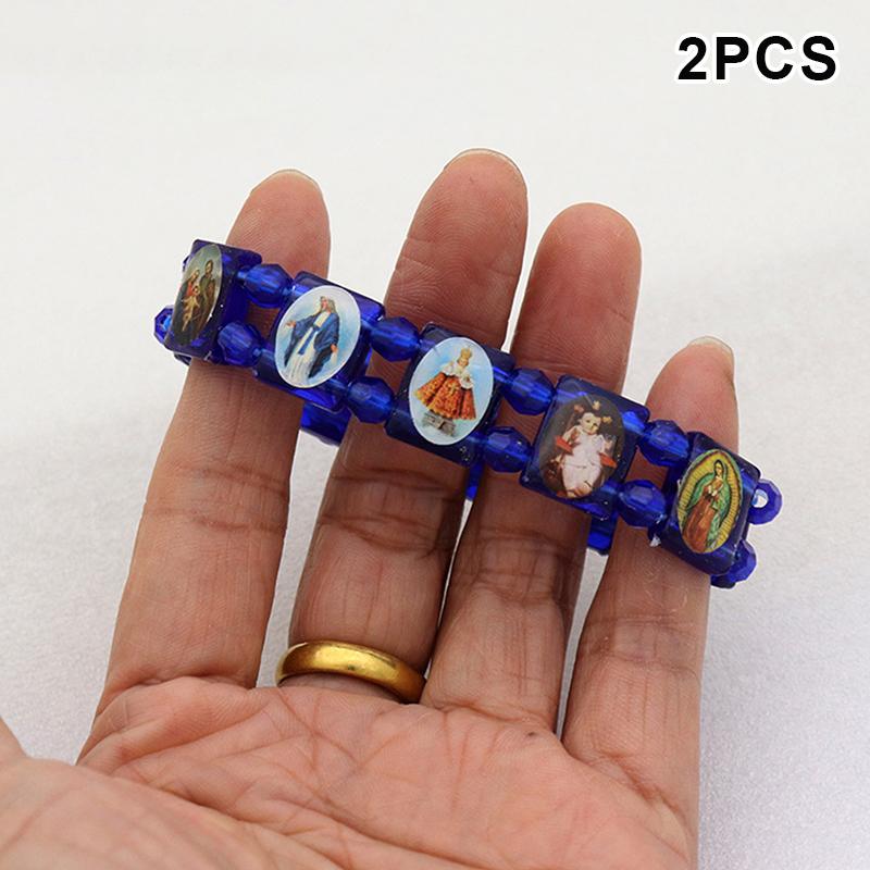 2Pcs Vintage Jesus And Virgin Mary Pvc Rosary Bead Bracelet With Elastic Band Religious Image Stickers For Daily Wear Parties