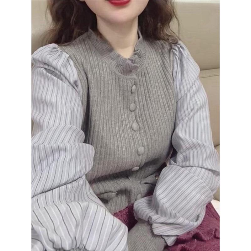 Cool Grey Patchwork Knit Ruffle Trim Slimming Long Sleeve Shirt