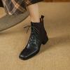 NEW Autumn Women Boots Genuine Leather Shoes for Women Round Toe Chunky Heel Boots Women Lace-up Ankle Boots Low Heel Lady Shoes