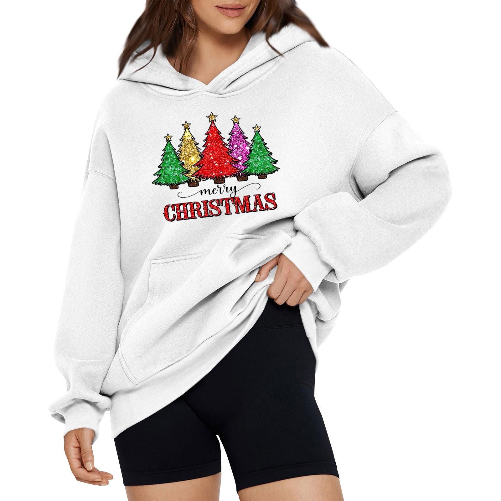 

Женская модная свободная толстовка с капюшоном и рождественским принтом, длинный рукав, пуловер XL белый