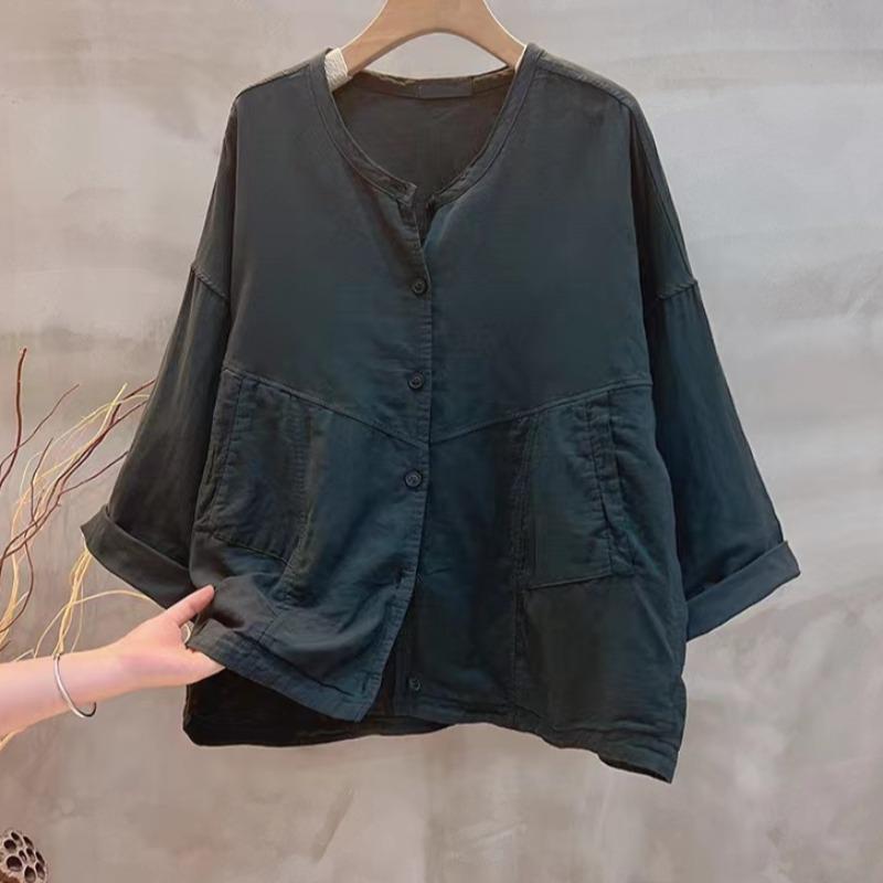 Giacca da Donna a Doppio Strato in Cotone Girocollo - Primavera Artistica Versatile Vestibilità Larga Casual Monocolore Manica Lunga