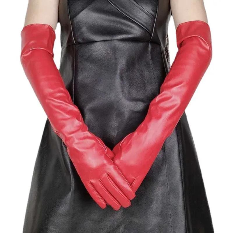 Lady Winter Women Warm Full Finger Touch Screen PU Leather Mitten Female Silky Inside Long Dress Etiquette Elbow Glove G203