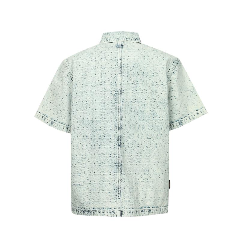 Evisu SS24 Water Wash Floral Jacquard And Seagull Embroidery Loose Denim Short Sleeve Shirt Men shirts Denim-Blue 2ESHTM4DI8015BZDN