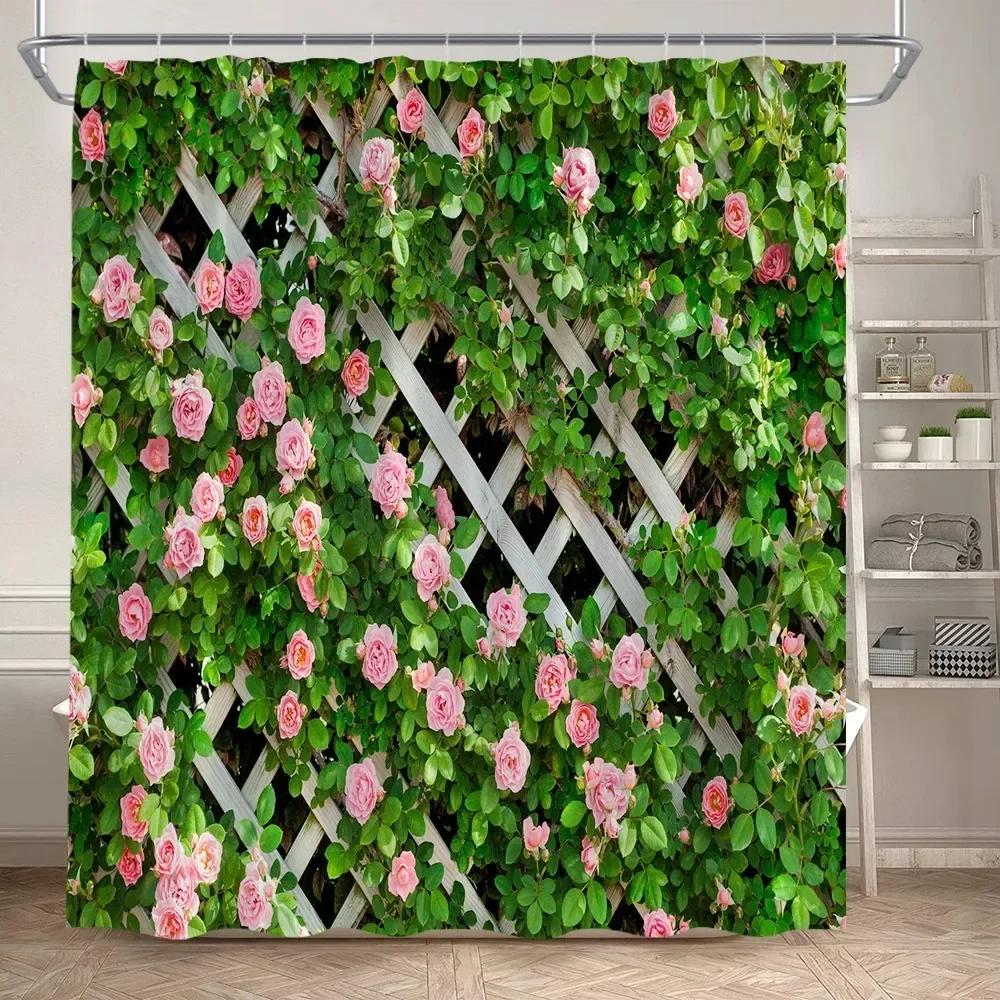 Fence Flowers Shower Curtains Blue Window Nature Floral Plants Scenery Modern Garden Wall Hanging Home Bathroom Decor With Hooks