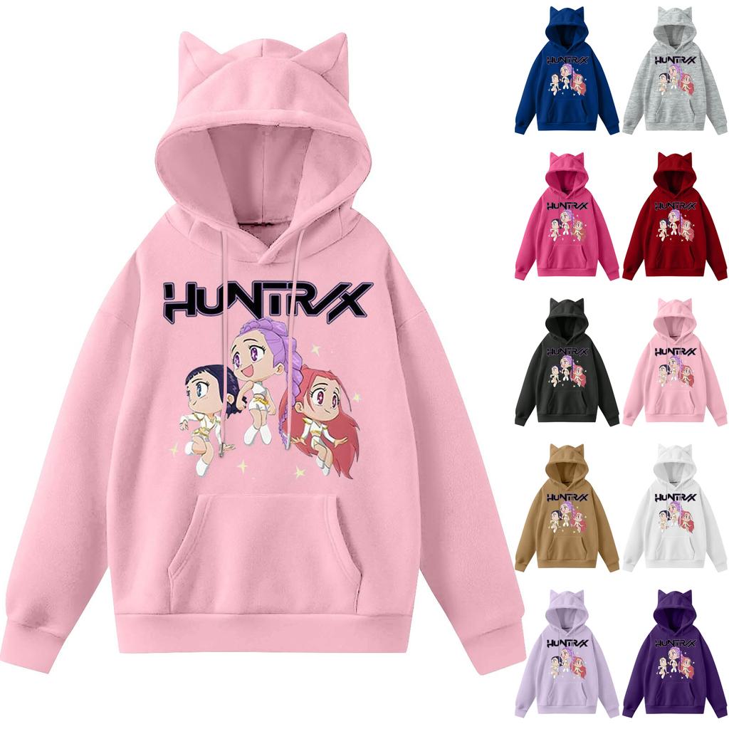 Damemote Casual Langermet trykt Rundhals hettegenser Pullover Topp med lommer