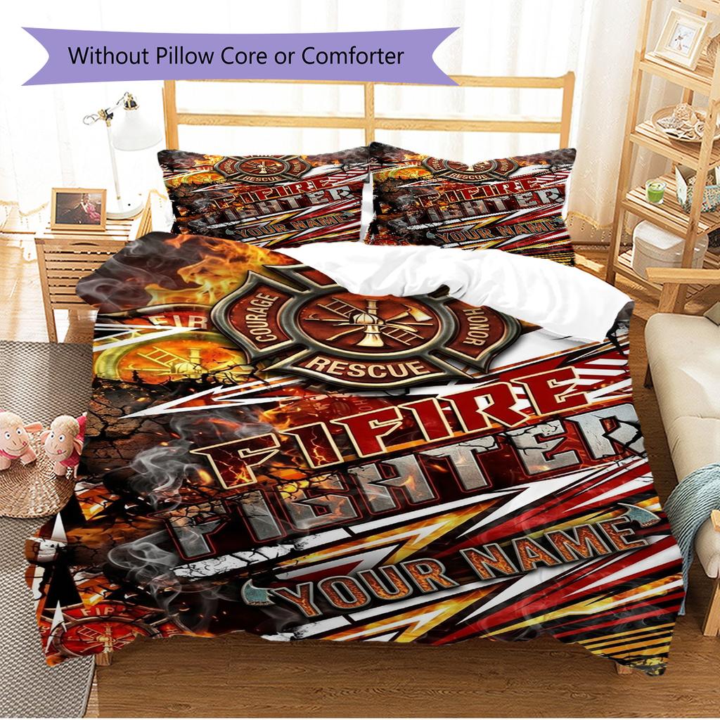 Name Custom Firefighter Pattern Bedding Set Quilt Cover Pillowcase Home Decor Gift (1 * duvet cover + 2 * pillowcase, without core)