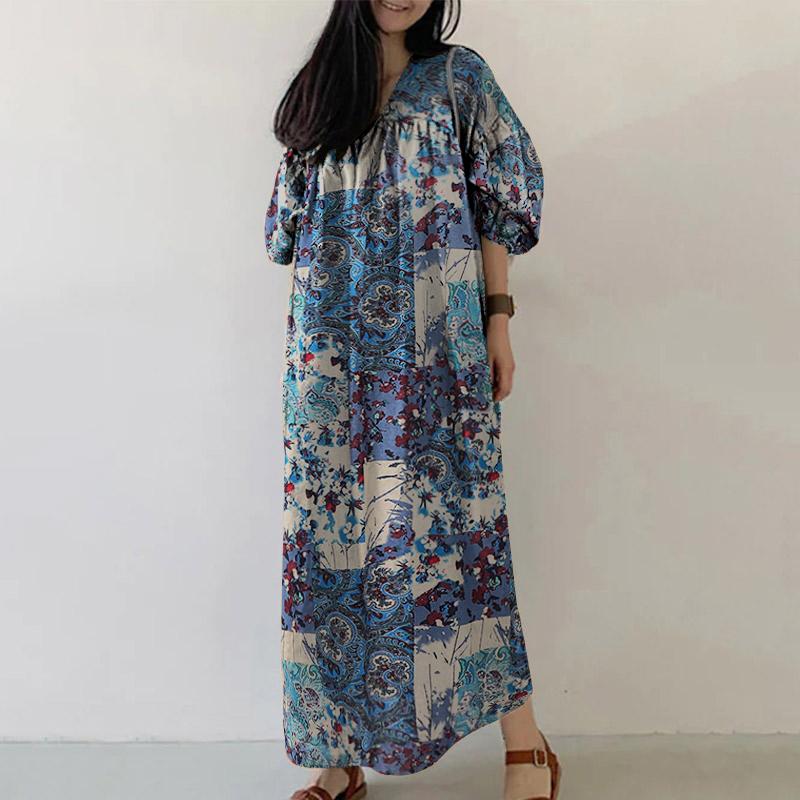 ZANZEA Women Summer Print Casual V-Neck Loose 3/4 Sleeve Long Dress