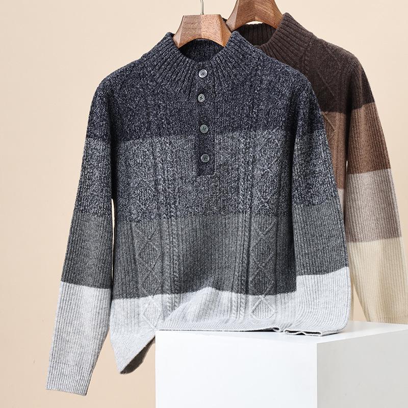 Мужской шерстяной свитер-henley с жаккардовым узором и цветовыми блоками - Коллекция Осень/Зима 2025 175/92A