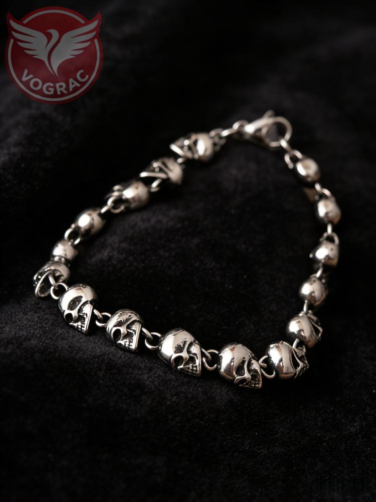 VOGRAC Stainless Steel Skull Bead Linked Strand Bracelet for Men and Women, Gothic Punk Rock Biker Skull Jewelry Gift