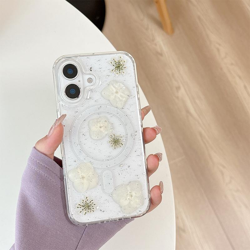 Magnetic Magsafe Phone Case for IPhone 17 Promax Flower Glitter for Apple 16 Wireless Charging 14