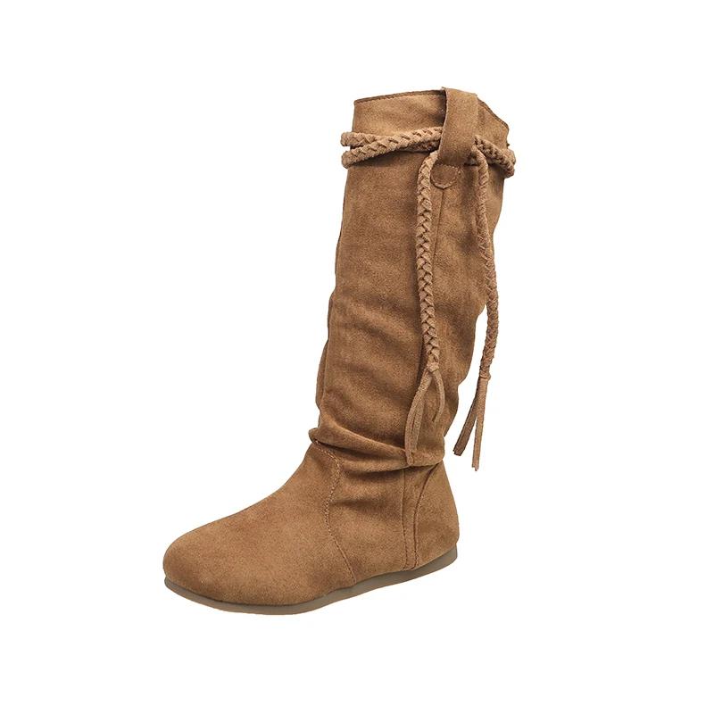 Damen Fransen Schnee High Boots Wildleder Flats Kniehohe Schuhe Plissee Trend Luxusmarke Wintermode Chelsea Goth Boots Mujer