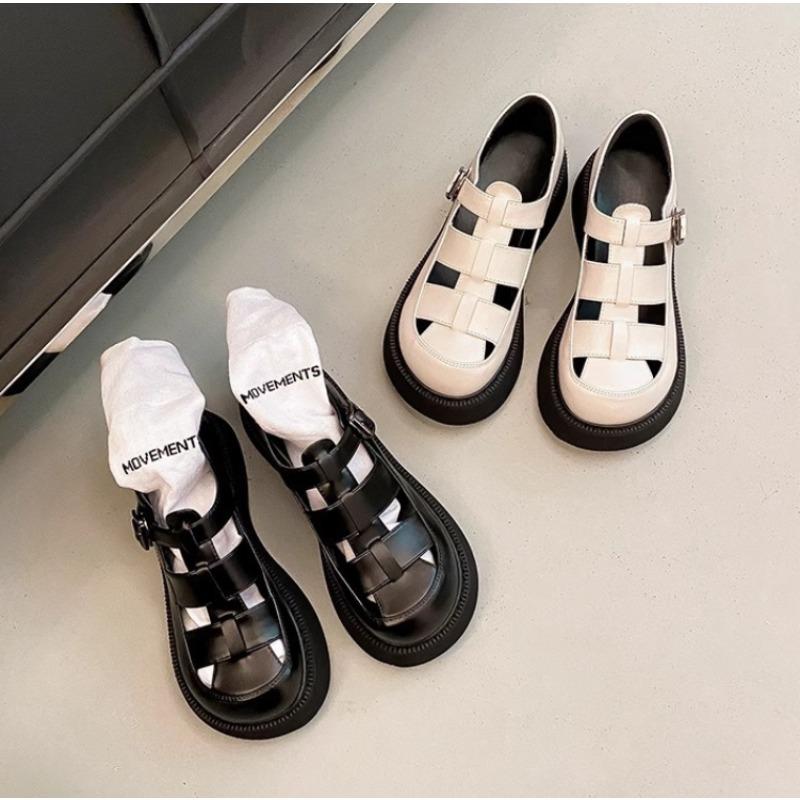 Summer Genuine Leather Thick-soled Mid-heeled Sandals Casual Comfortable Women's Shoes Hollow Pig Cage Women's Sandals