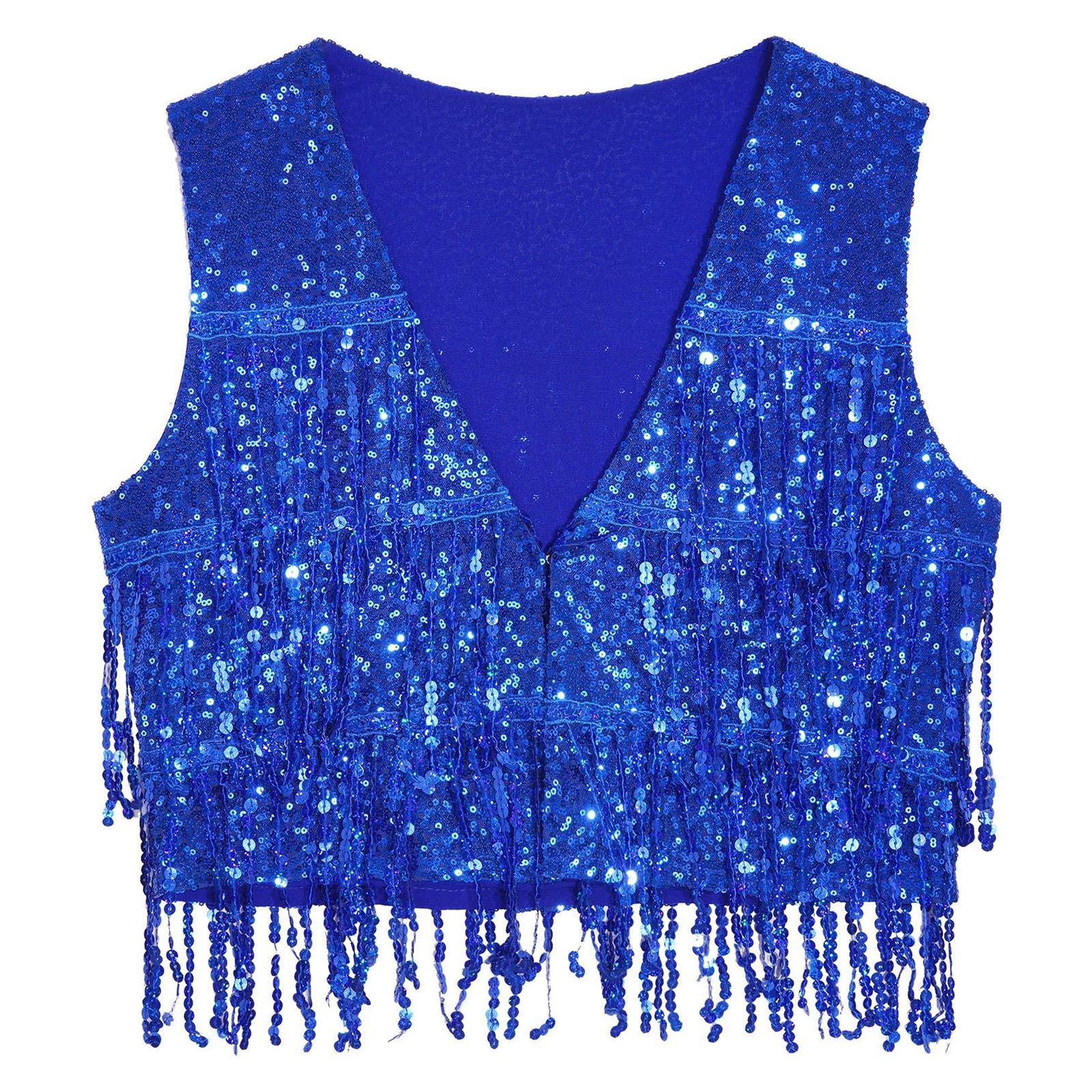 

Мужской жилет с блестками и пайетками, без рукавов, с кисточками, с V-образным вырезом, открытый спереди, для танцевального клуба, фестиваля, вечеринки M королевский синий