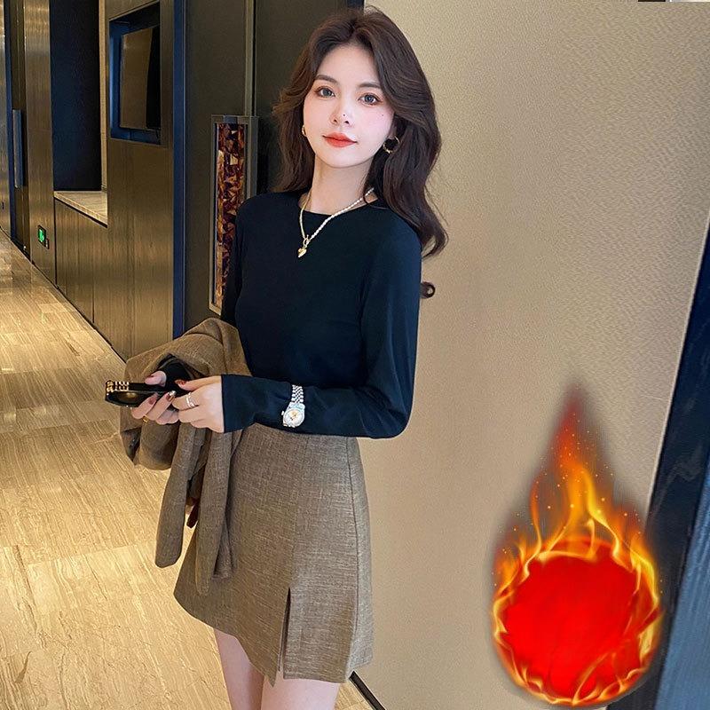 Women's Fleece Lined Base Layer Top for Autumn and Winter Long Sleeve T-Shirt Crew Neck Solid Color Elegant Versatile Slim Fit Warm Inner Wear