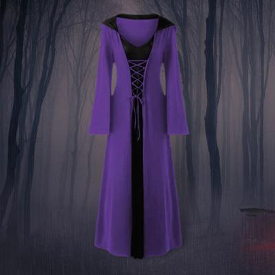 Women Cosplay Dress Dark Style Halloween Party Witch Costume Lace-up Strap Hooded Color Matching Long Horn Sleeves A-line