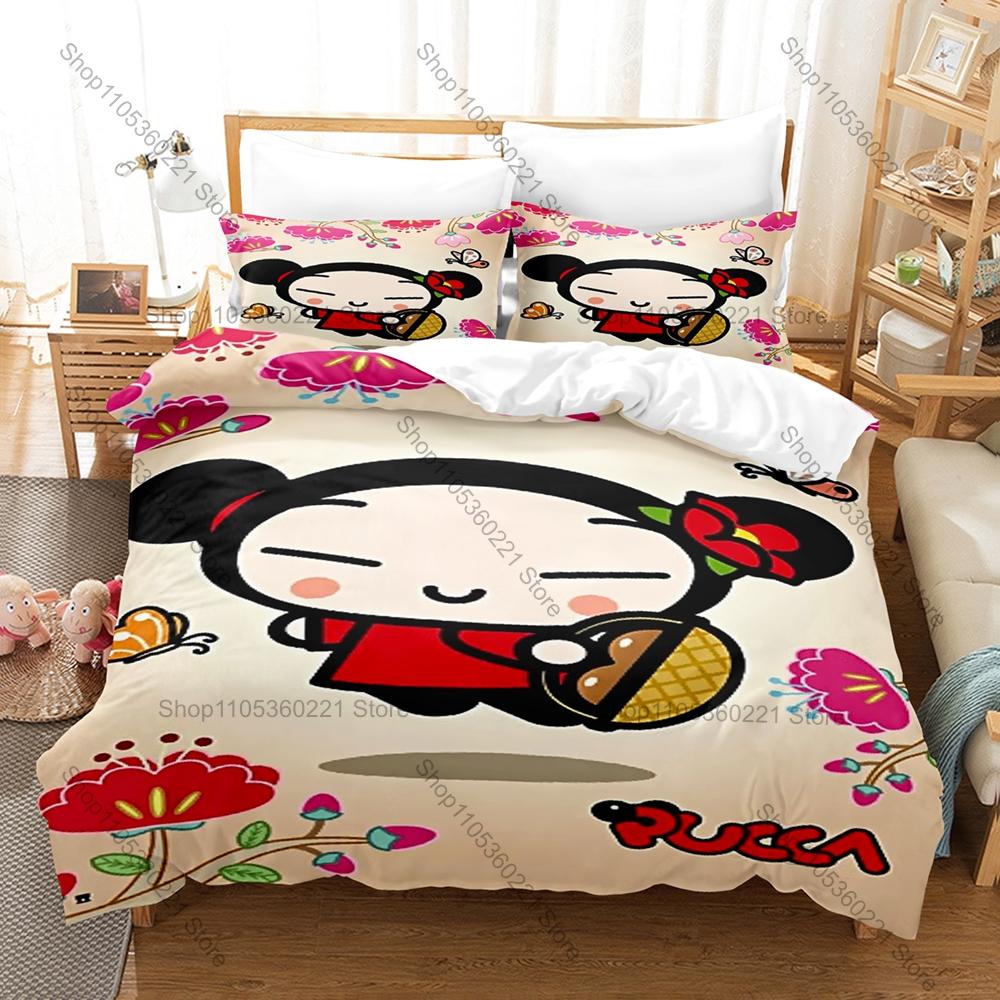 Kawaii Pucca Character Print Duvet Cover + 2 Pillowcases, Cozy Microfiber Bedding Set Perfect as Surprise Gift Anime Enthusiasts