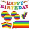 Rainbow Gradient Theme Birthday Party Tableware Set: Disposable Plates, Cups, Napkins, and Flags