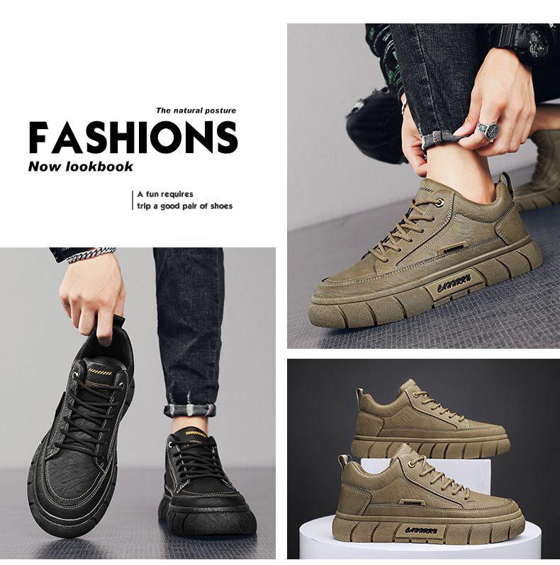 Men's Trendy Black Leather Waterproof Non-slip Sneakers - Breathable and Versatile for Spring Casual Sports