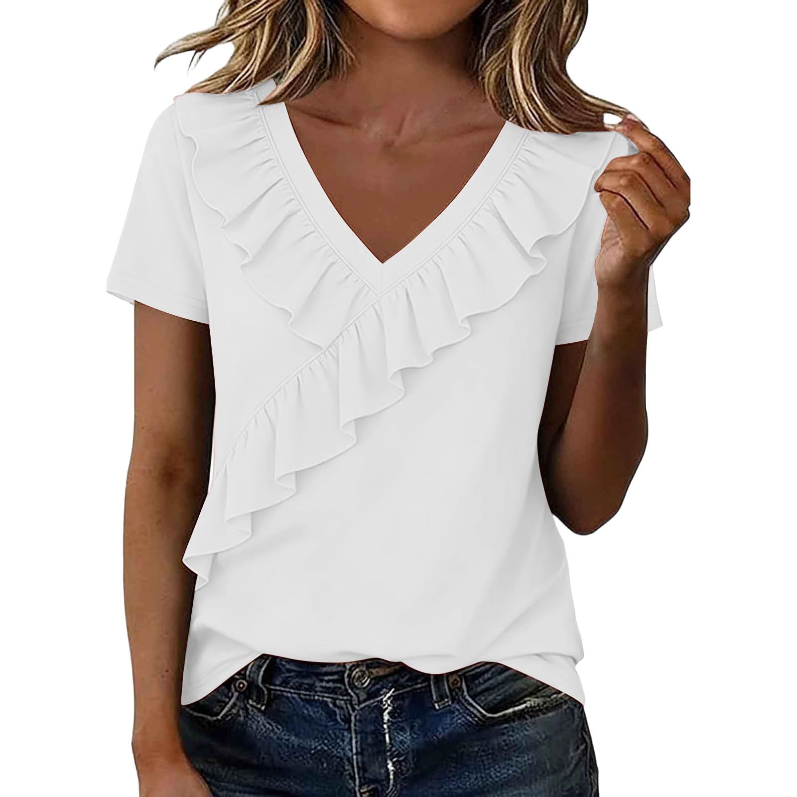 

Womens Casual Short Sleeve Tops Ruffle V Neck Top Shirt XL білий