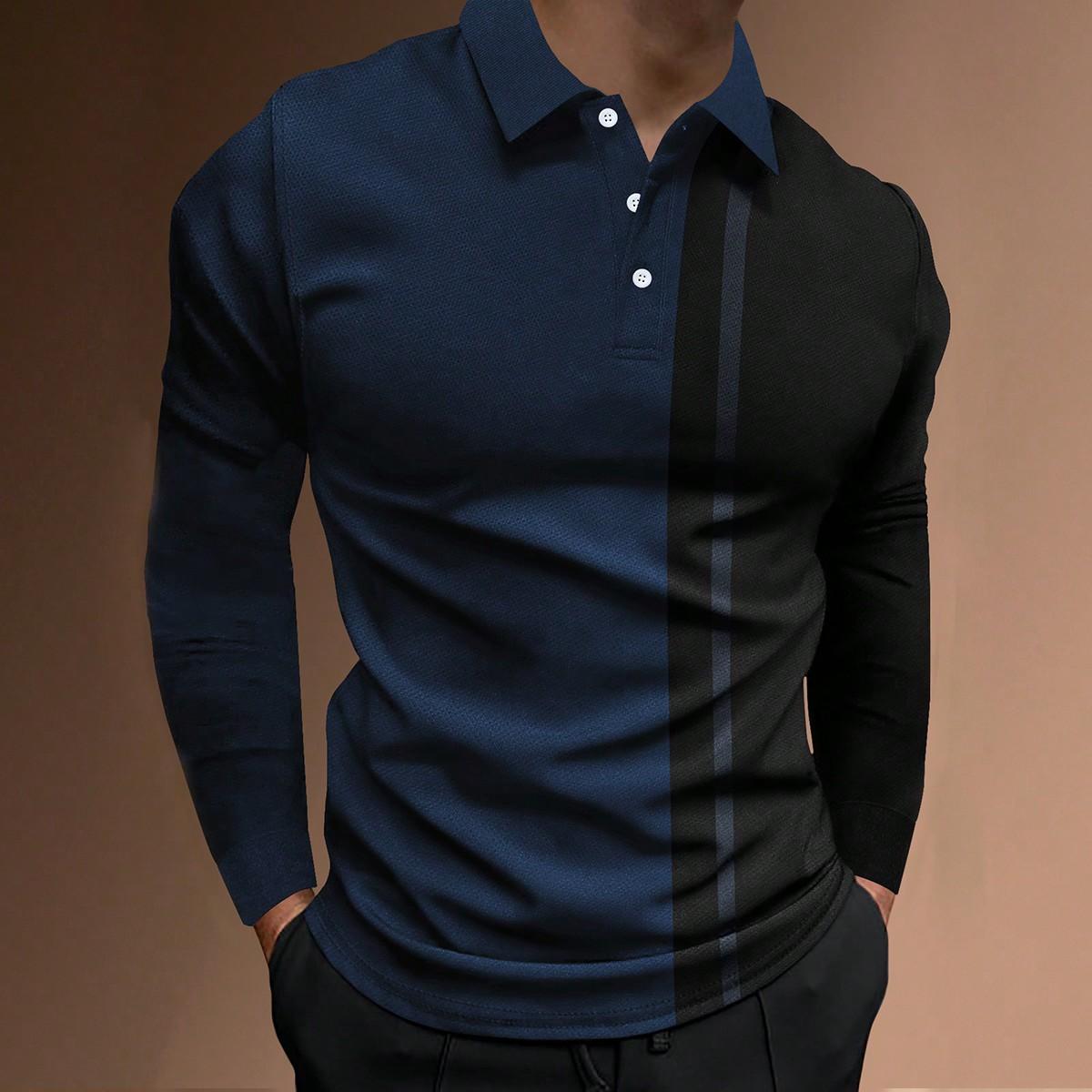 

Весенняя новинка, мужская модная рубашка-поло с принтом на пуговицах, повседневная рубашка-поло с длинными рукавами и пуговицами, мужская спортивная рубашка-поло с длинными рукавами M темно-синий