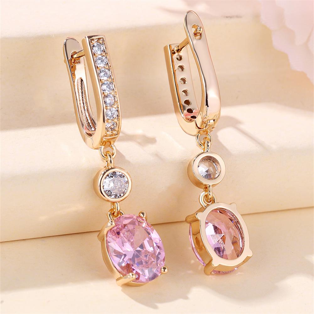 Pink Crystal Oval Stone Pendant White Zircon Hoop Earrings For Women Gold Color Ear Buckle Wedding Jewelry Engagement Party Gift