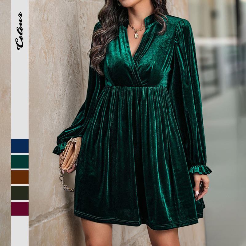 Long-sleeved v-neck velvet dress women's new elegant retro style loose short skirt