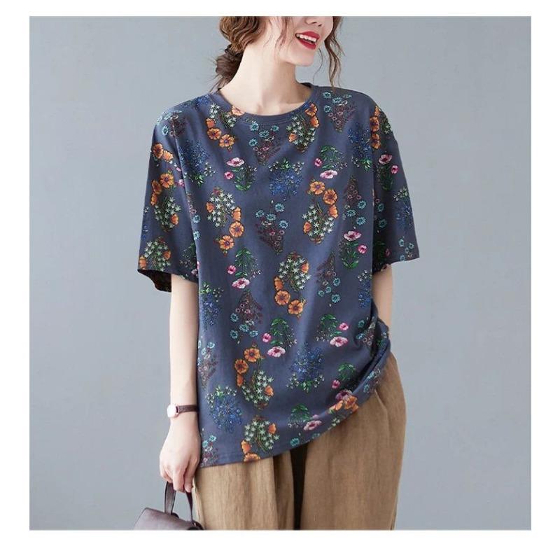 New Floral Short-sleeved Women's Plus Size Spring and Summer Bottoming Shirts Casual Artistic Tops Loose