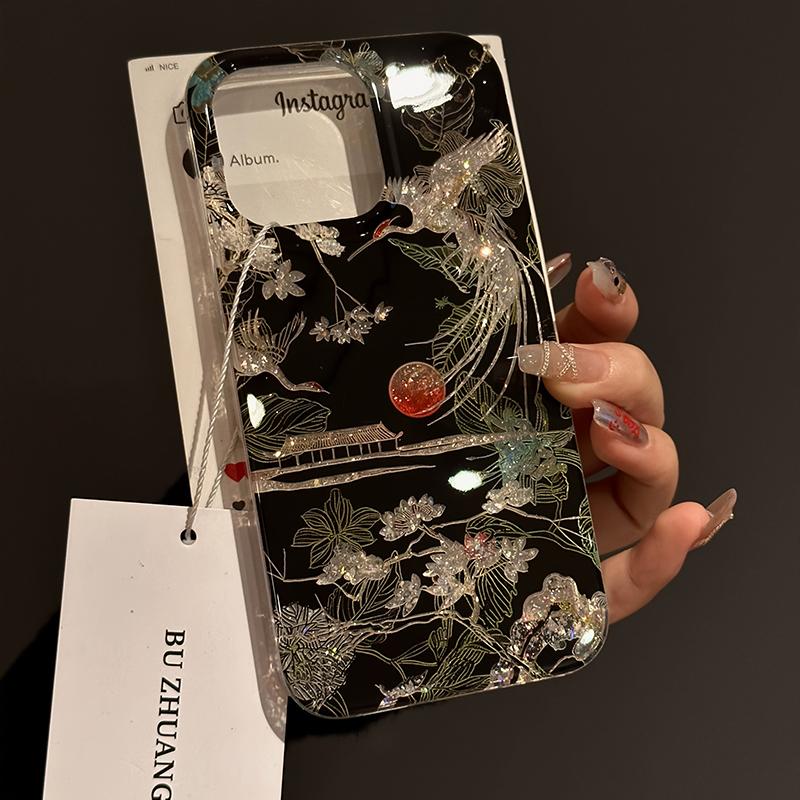 Sparkling Glitter Chinese Style Landscape Crane Phone Case For iPhone 11 12 13 14 15 16 17 Pro Max XS XR X 7 8 Plus Soft Cover