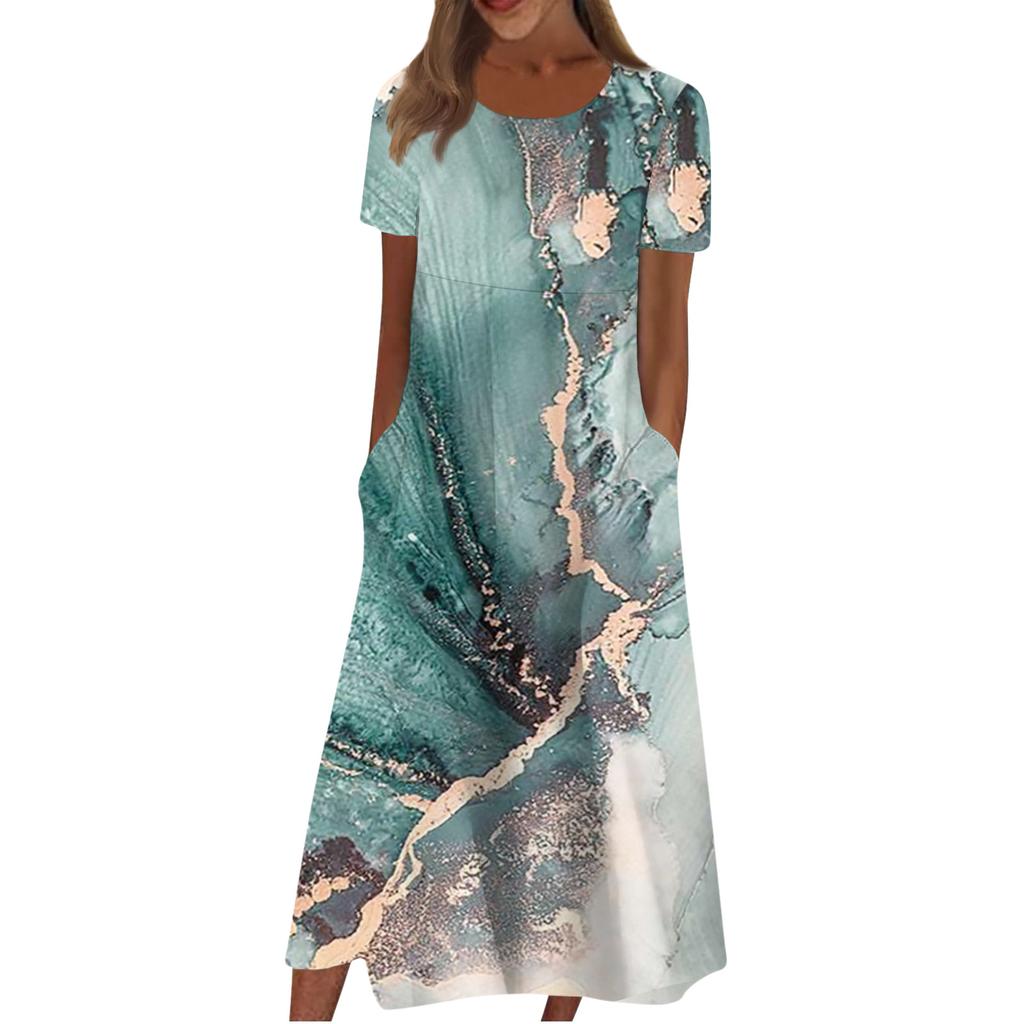 Women's Casual Dresses Printed Dresses Summer Dresses Printed Pleated Round Neck Midi Dresses Basic Classic Outdoor Daily Short Sleeve Loose Dresses