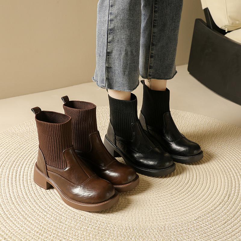 New thermal short boots women's British style autumn and winter thin boots thick-soled Martin boots women's elastic knitted boots