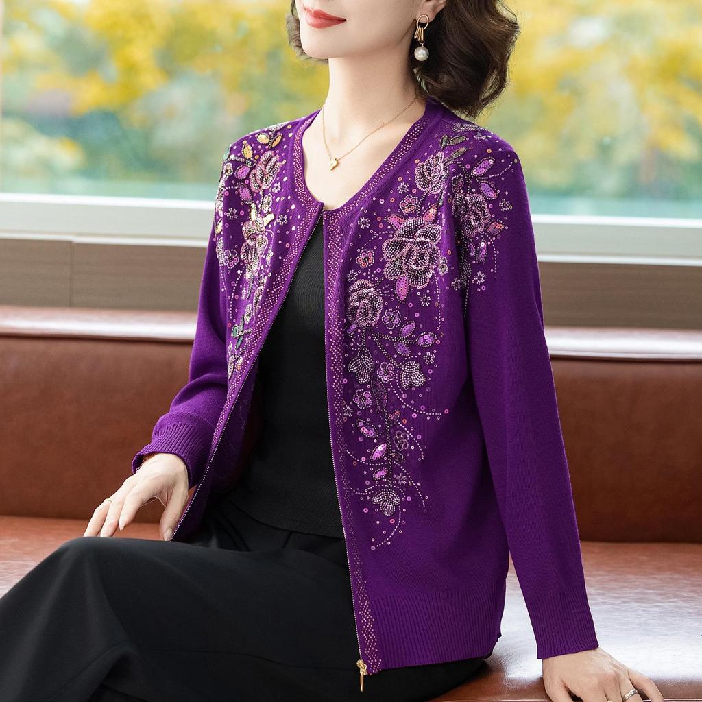 Cardigan Pesante Autunno/Inverno da Donna con Ricamo di Fiori Farfalla & Perline a Mano