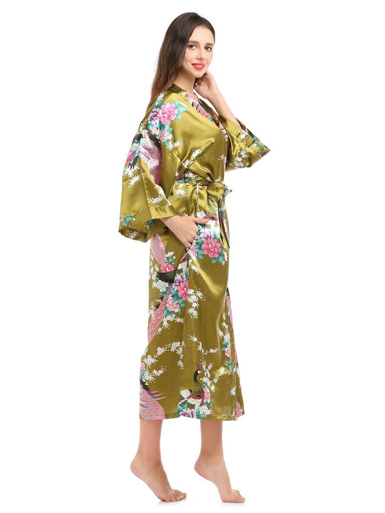 Peacock Print Long Summer Pajama Cardigan with Pockets