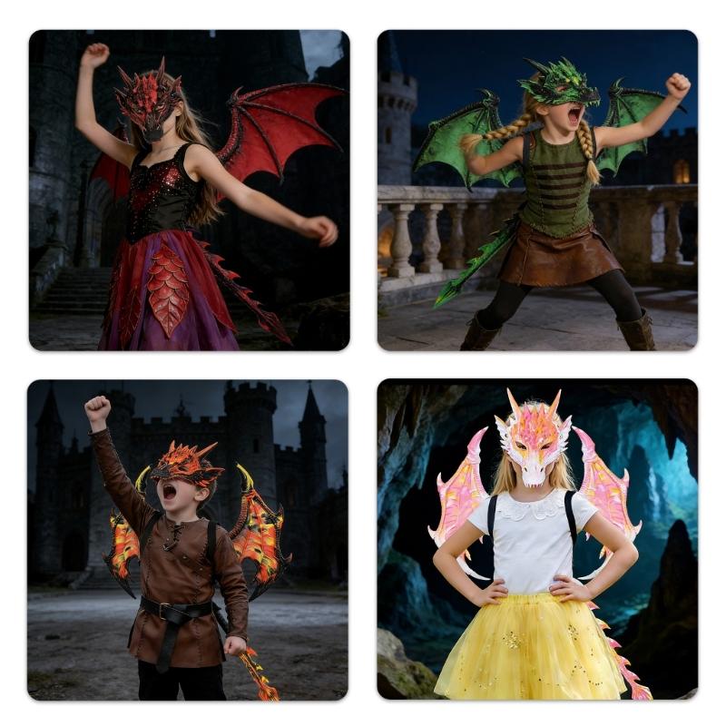 Drachenkostüm für Kinder Jungen Mädchen, Drachenflügel Schwanz Masken-Set, Halloween Dinosaurier Cosplay Kostüm Zubehör