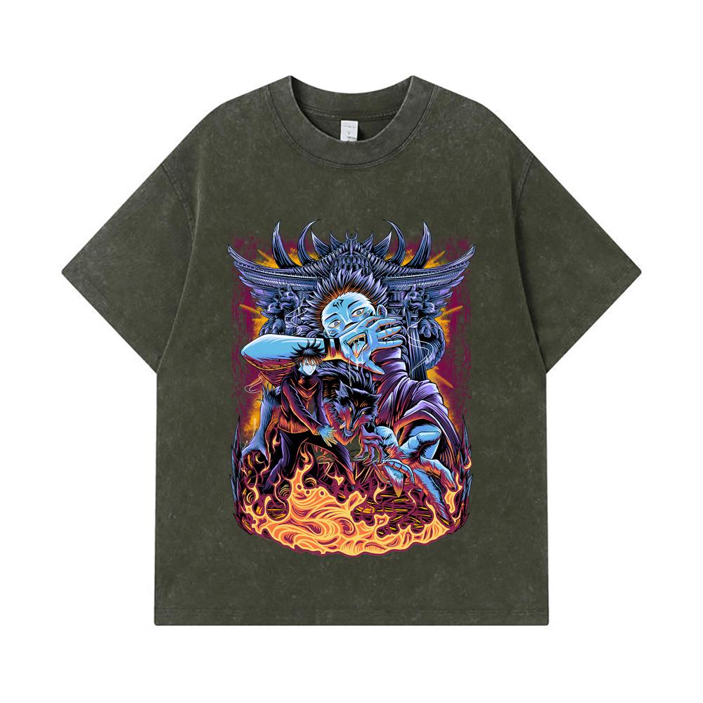 

275 GSM Washed T-shirts 100% Cotton Jujutsu Kaisen V8 Sukuna Print Unisex Heavy Cotton T Shirt S армия зеленый