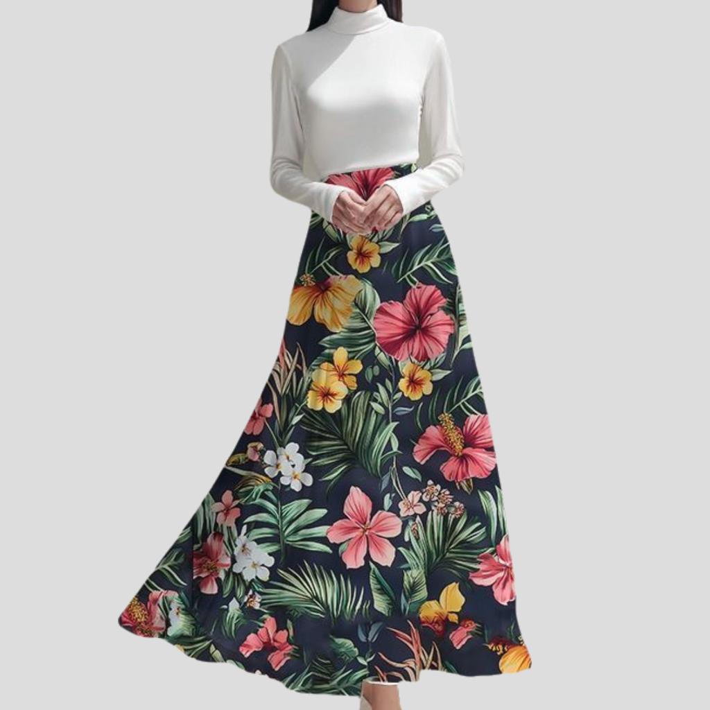 Spring Summer Women's Bohemian Printed Skirt High-Waist A-Line Long Floral Skirt