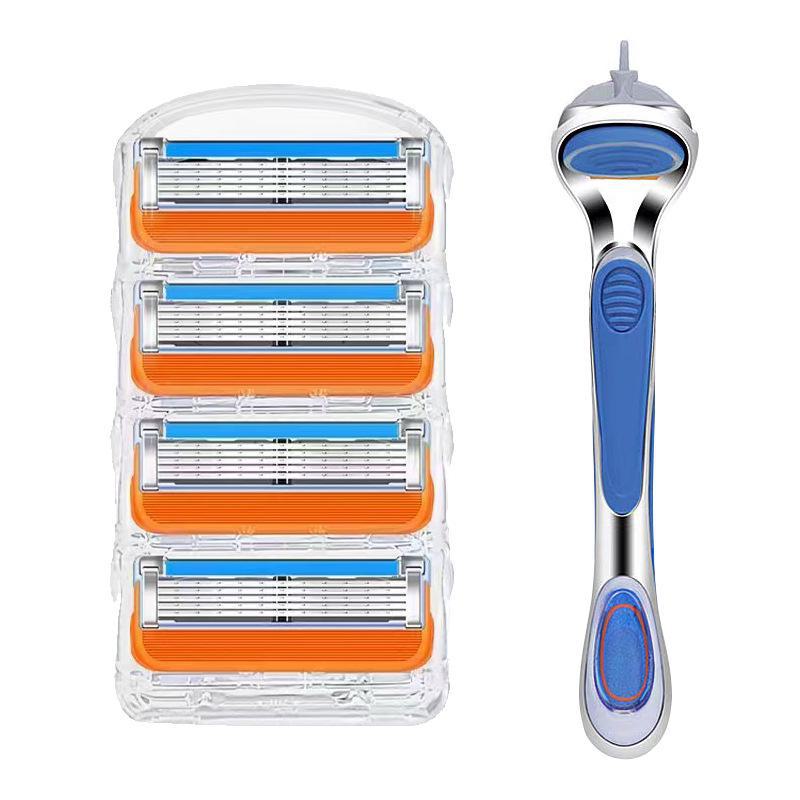 Universal Five-Layer Manual Razor with Shaving Cream, Men's 5-Blade Holder with Orange-Blue Accessories